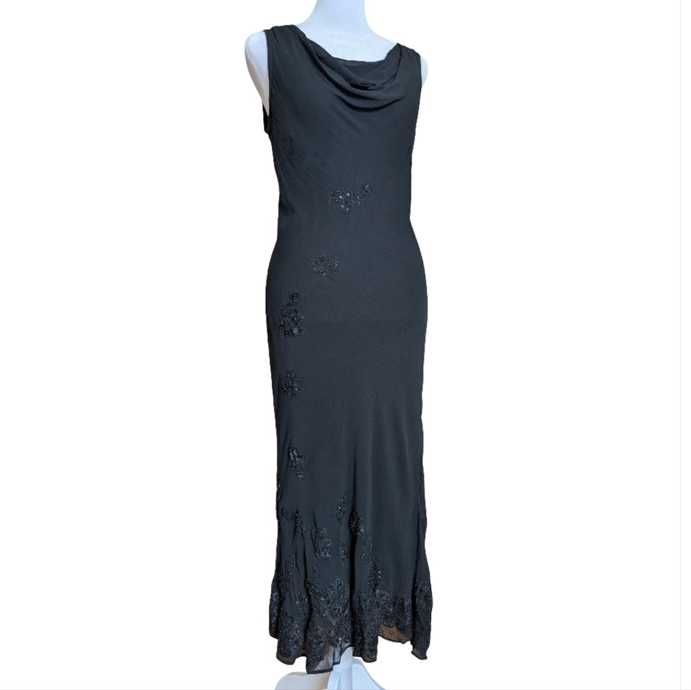 90s Vintage Whimsygoth Black Lace Sequin Mesh Cowl Neck Maxi Dress M Fairycore